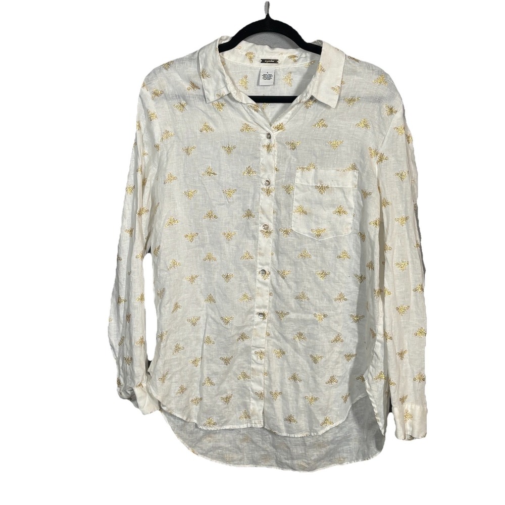 Magaschoni Linen Shirt Womens Large White Button Long Sleeve Pockets Top Bees